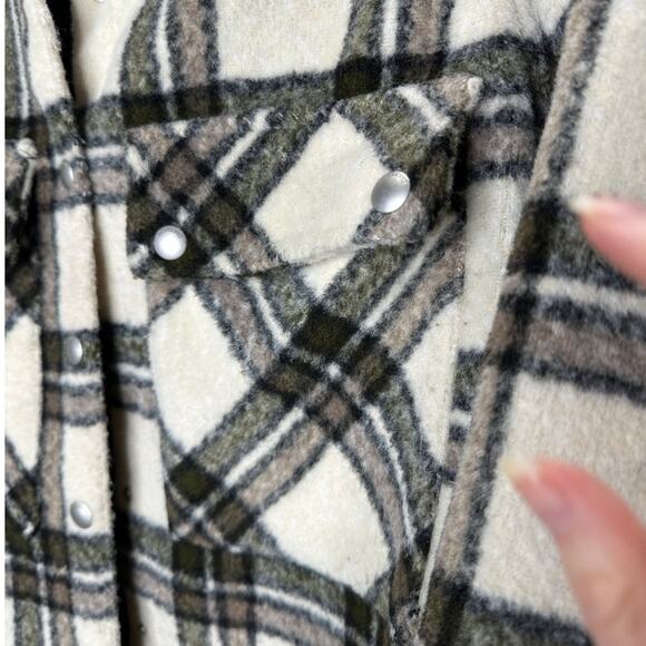 Blank NYC Cream Brown Green Plaid Snap Button Collared Shacket S - Picture 7 of 16